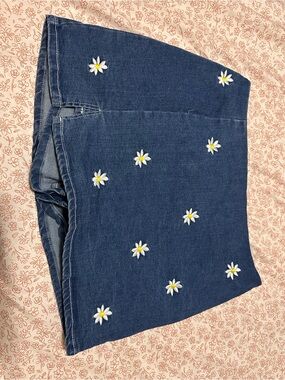 Love Tree Dark Blue Denim Mini Skort with Daisy Embroidery